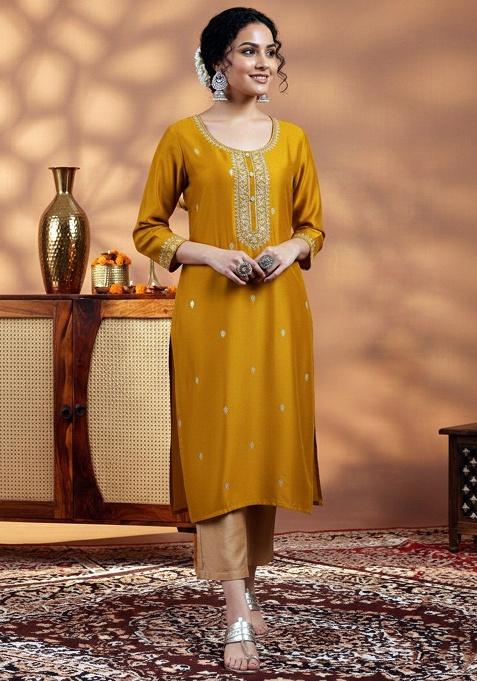 Yellow Embroidery Silk Kurta