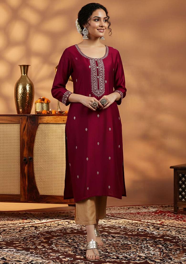 Maroon Embroidery Silk Blend Kurta - Indya