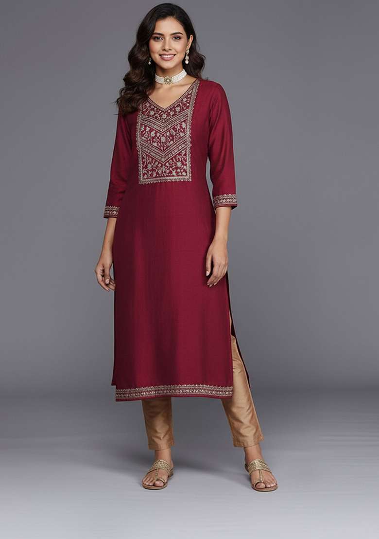 Maroon Embroidery Silk Blend Kurta - Indya