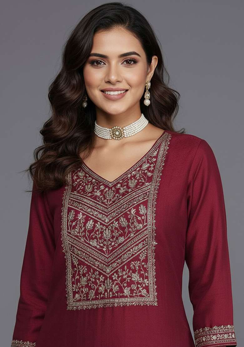 Maroon Embroidery Silk Blend Kurta - Indya