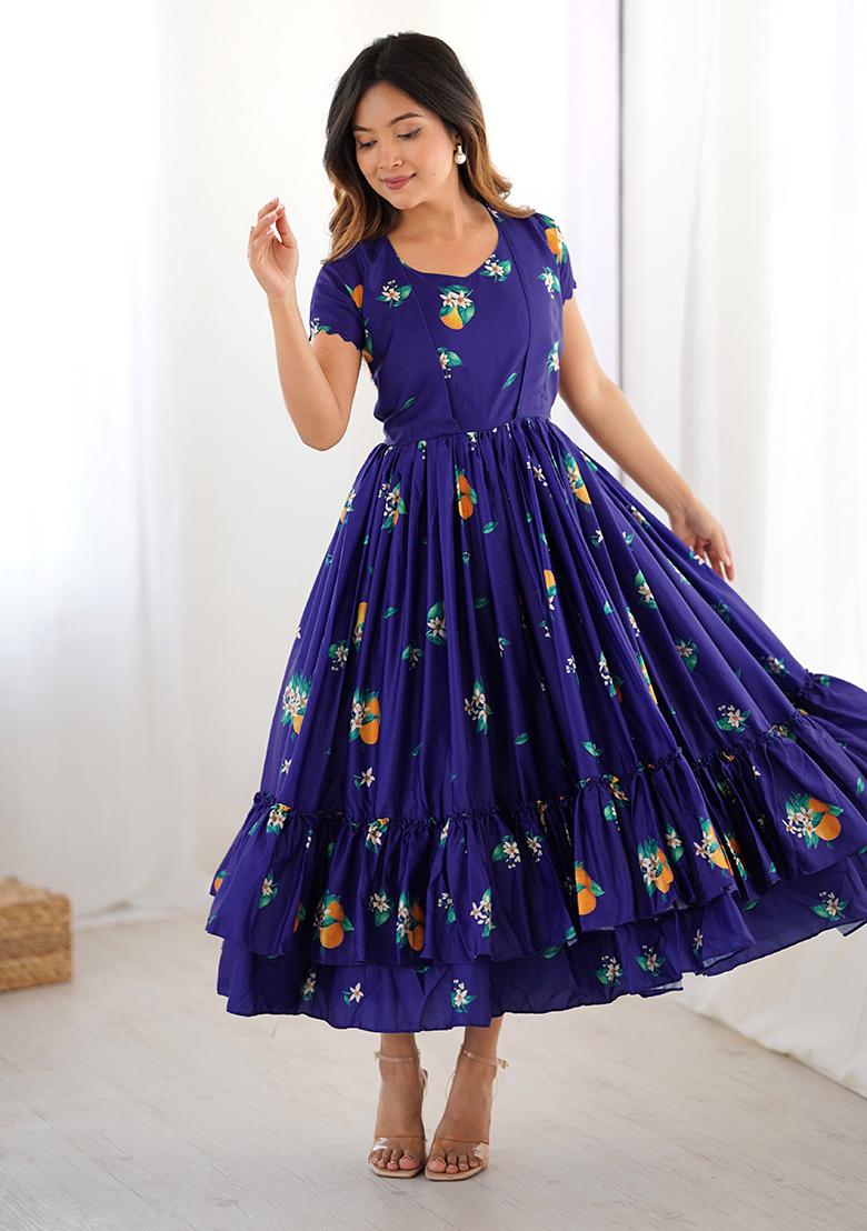 Royal Blue Printed Georgette Kurta - Indya