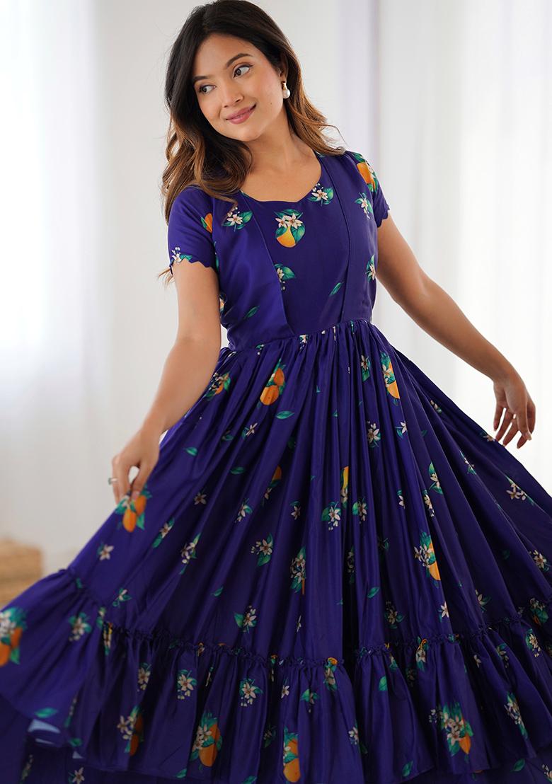 Royal Blue Printed Georgette Kurta - Indya