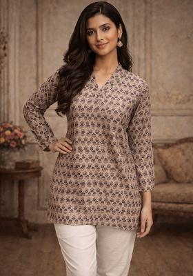 Beige Printed Muslin Top