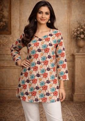 Off White Printed Muslin Top