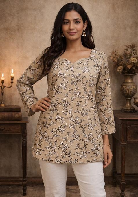 Beige Printed Muslin Top