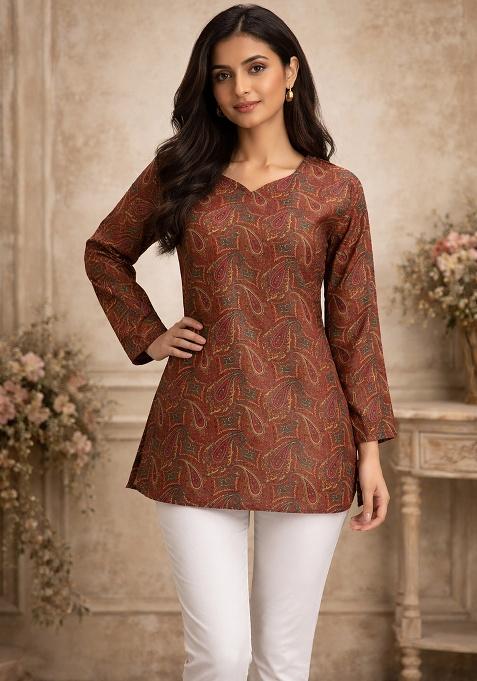 Brown Printed Muslin Top
