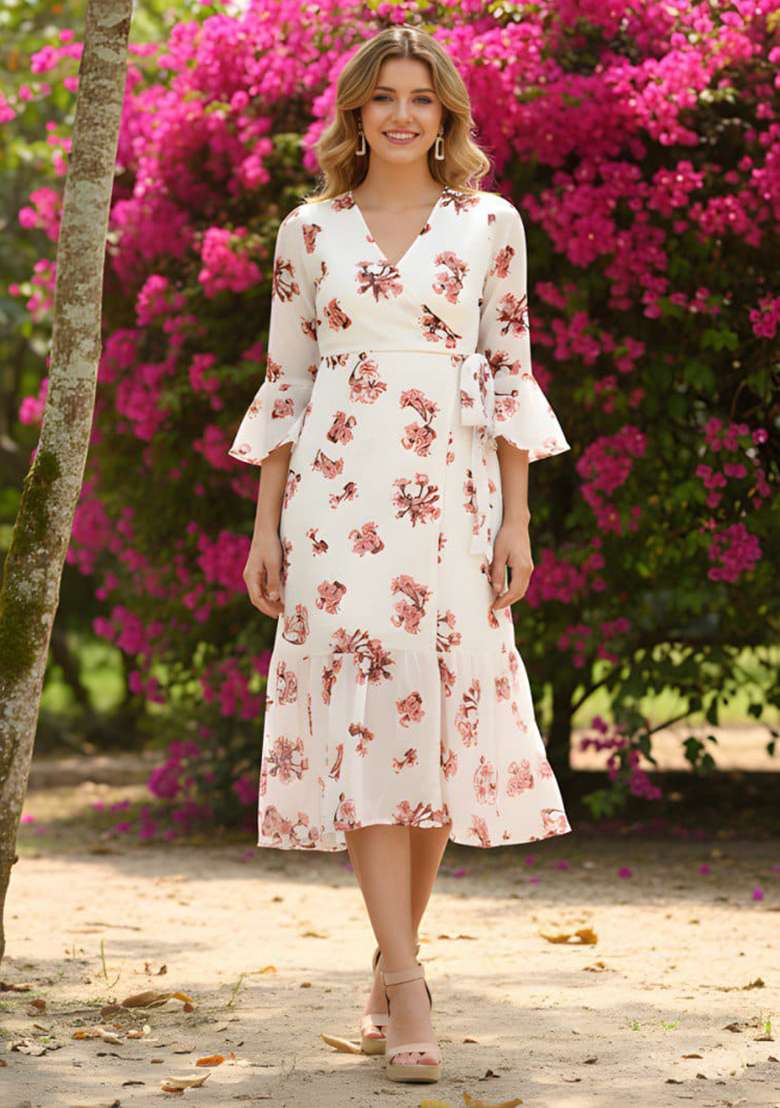 White Printed Georgette Top - Indya