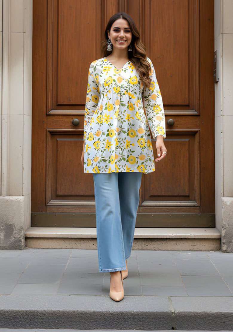 White Printed Cotton Top - Indya