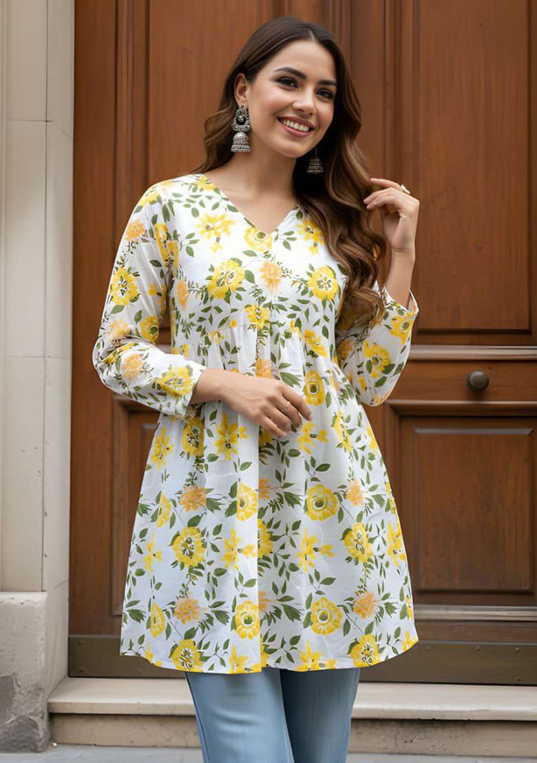 White Printed Cotton Top - Indya
