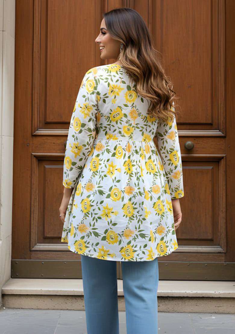 White Printed Cotton Top - Indya