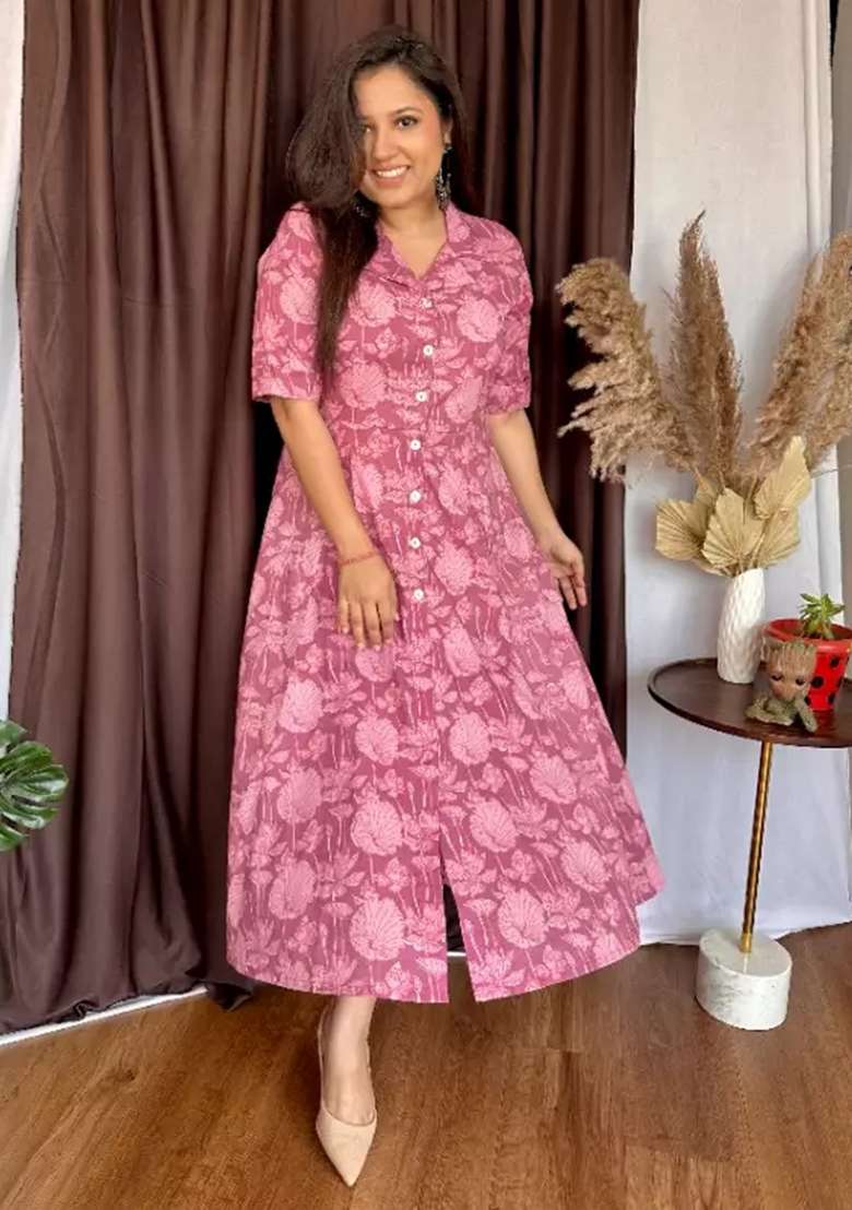 Light Onion Pink Printed Cotton Top - Indya