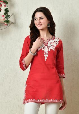 Red Embroidered Cotton Kurta