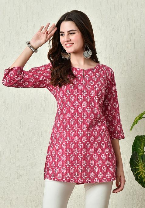 Pink Embroidery Cotton Kurti
