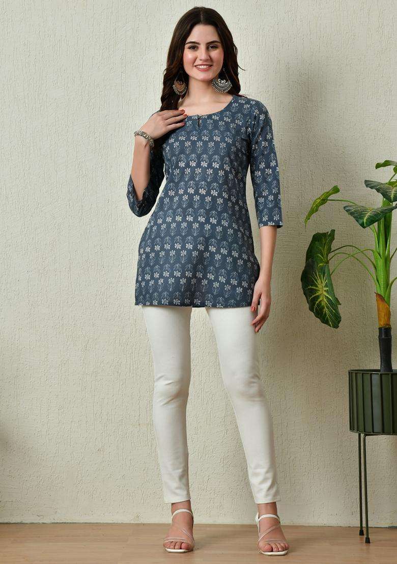 Grey Printed Cotton Kurta - Indya