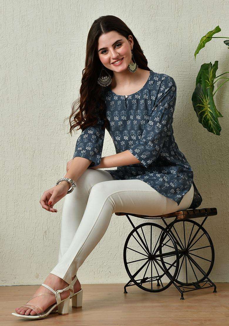 Grey Printed Cotton Kurta - Indya