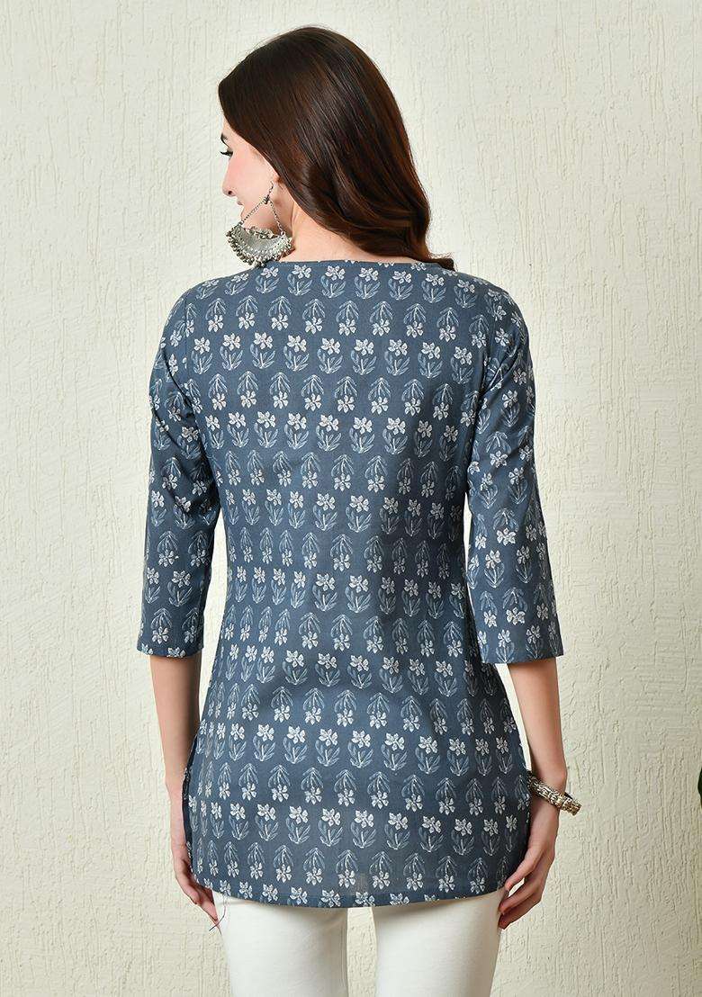 Grey Printed Cotton Kurta - Indya