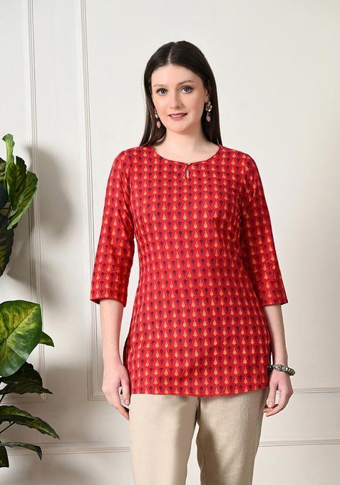 Red Embroidery Cotton Kurti