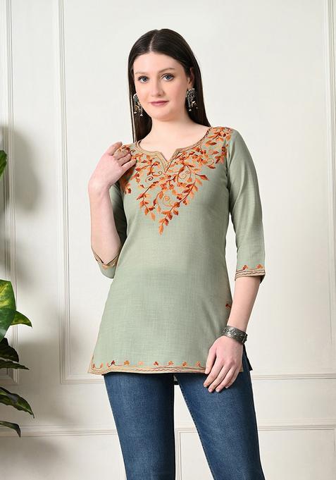 Olive Embroidery Cotton Kurti