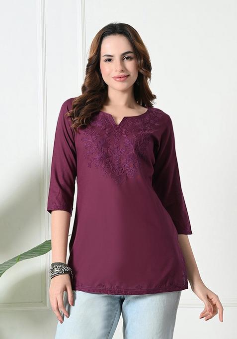 Burgundy Embroidery Rayon Kurti