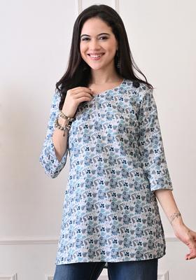 White Floral Print Rayon Kurta