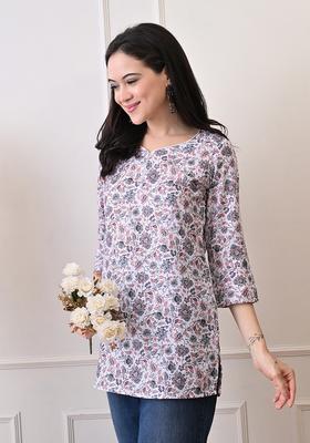 White Floral Print Rayon Kurta