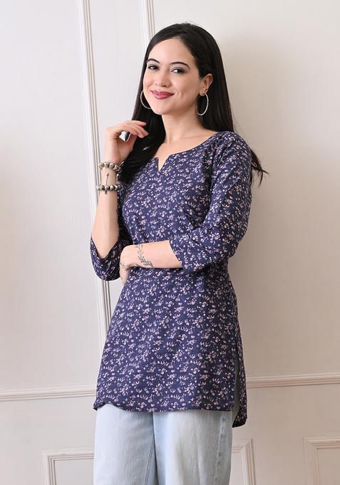 Blue Embroidery Cotton Kurti