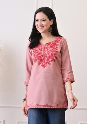 Peach Embroidered Cotton Kurta