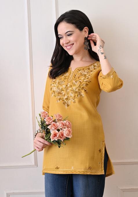 Mustard Embroidery Cotton Kurti