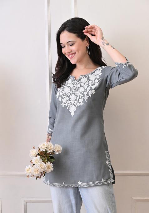 Grey Embroidery Cotton Kurti