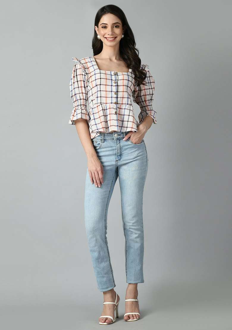 White Printed Cotton Top - Indya