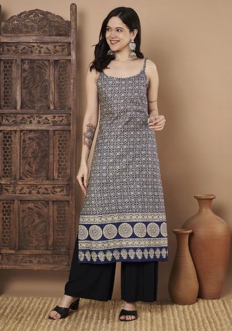 Blue Printed Cotton Kurta