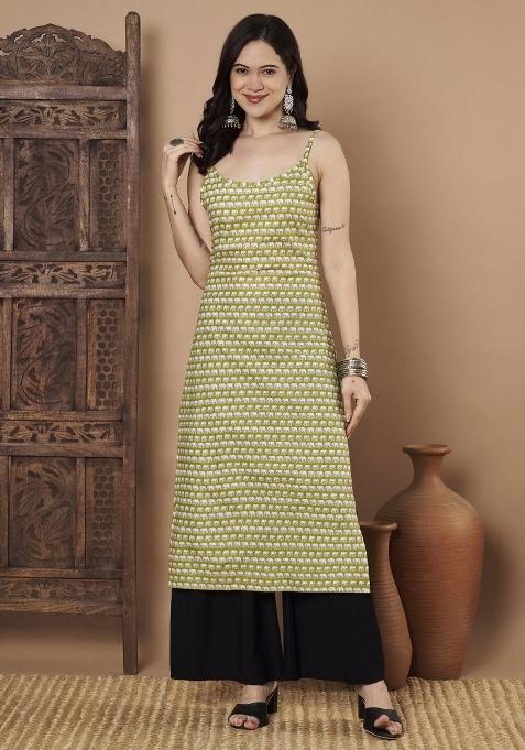 Mustard Printed Cotton Kurta