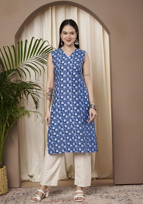 Blue Printed Cotton Kurta