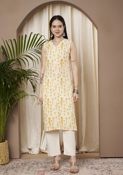 Mustard Printed Cotton Kurta