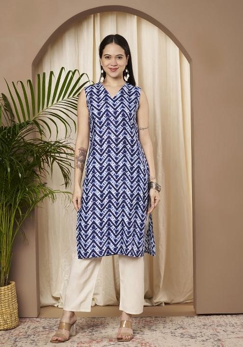 Blue Printed Cotton Kurta