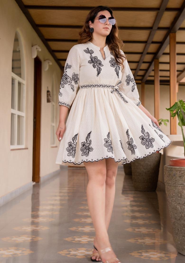 White Embroidery Cotton Kurta - Indya