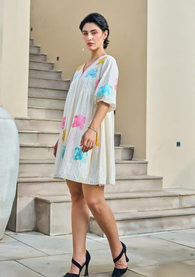 White Embroidery Cotton Kurta - Indya