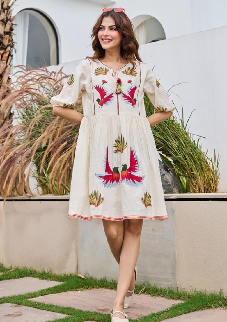 White Embroidery Cotton Kurta - Indya