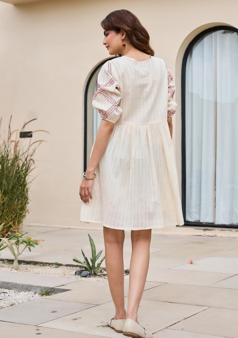 White Embroidery Cotton Kurta - Indya