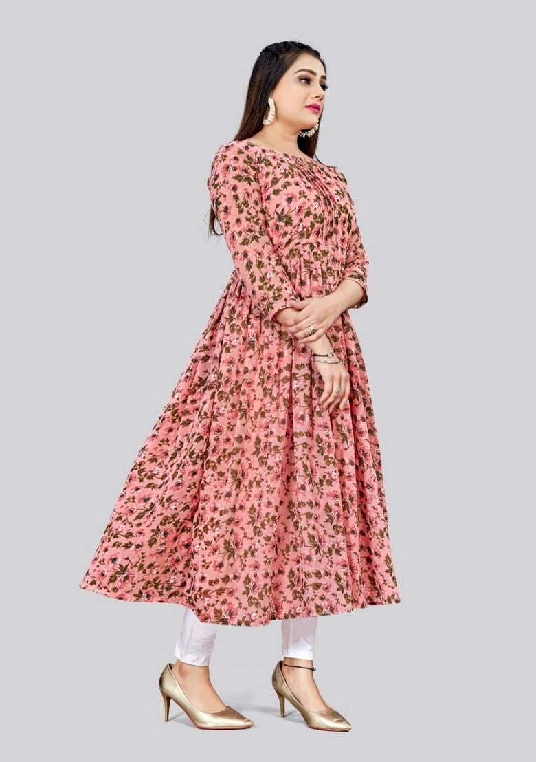 Pink Printed Georgette Kurta - Indya