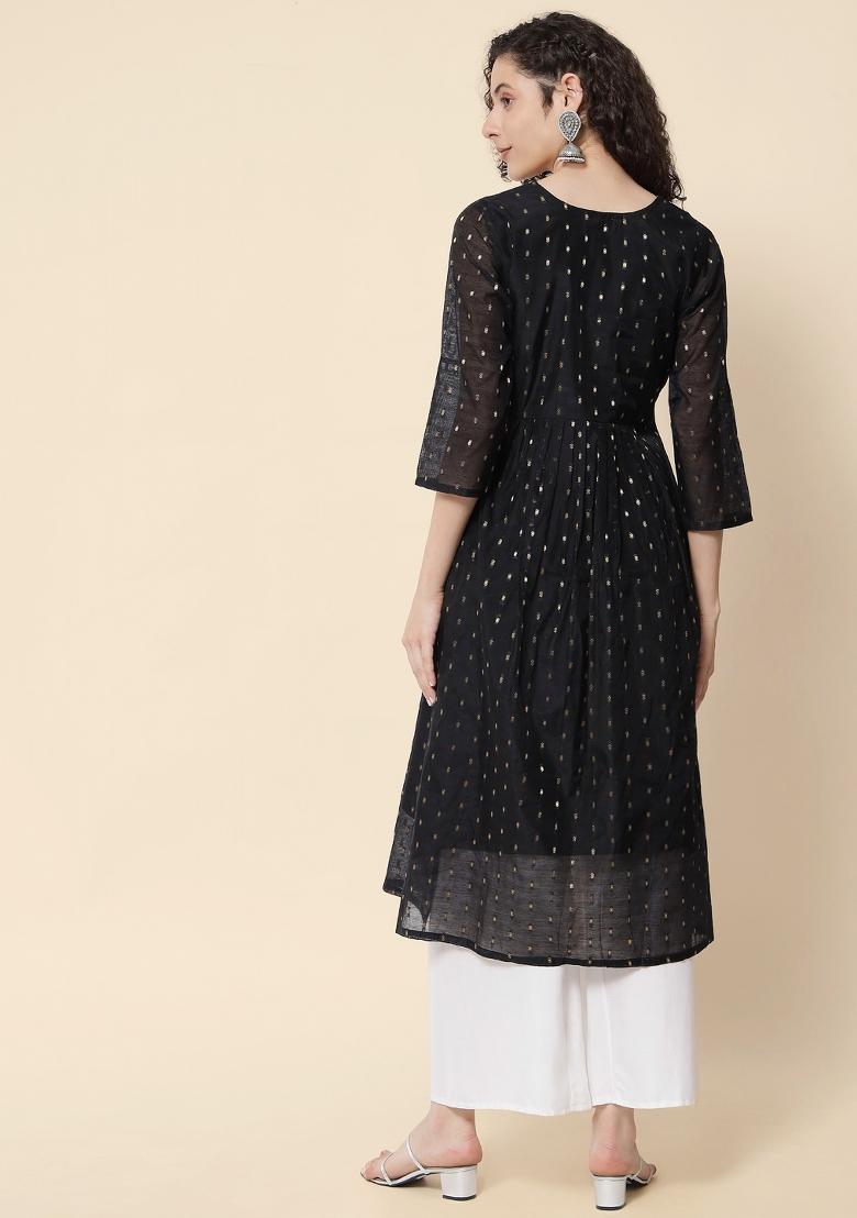 Black Embroidery Chanderi Kurta - Indya
