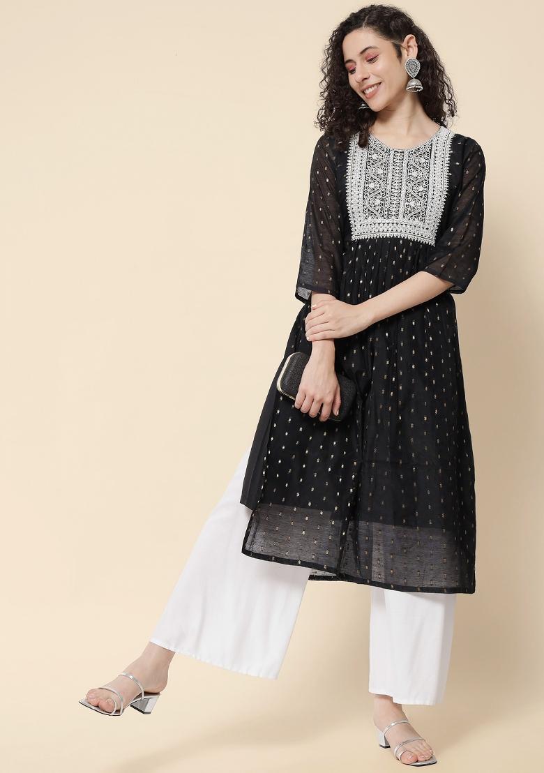 Black Embroidery Chanderi Kurta - Indya