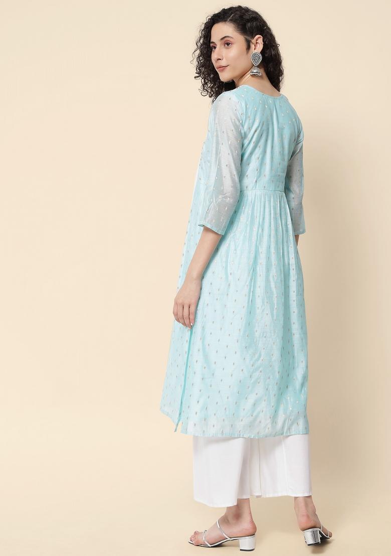 Sky Blue Embroidery Chanderi Kurta - Indya