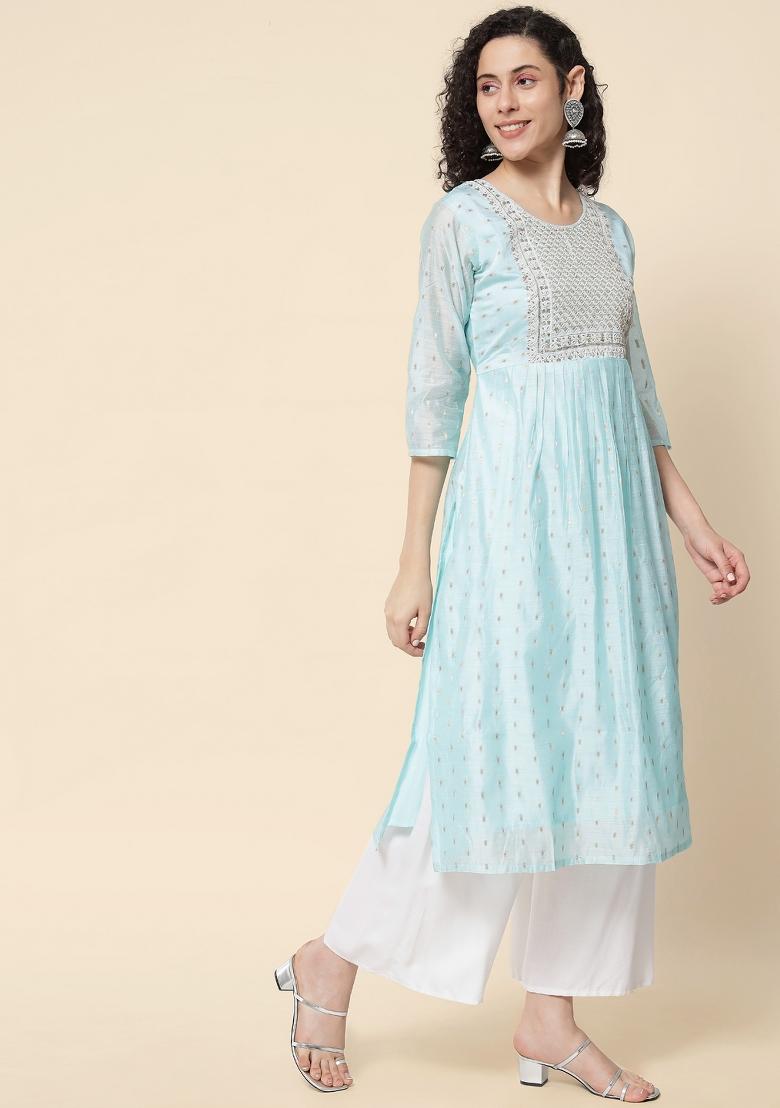 Sky Blue Embroidery Chanderi Kurta - Indya