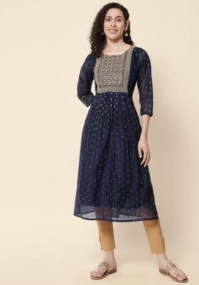 Navy Blue Embroidery Chanderi Kurta
