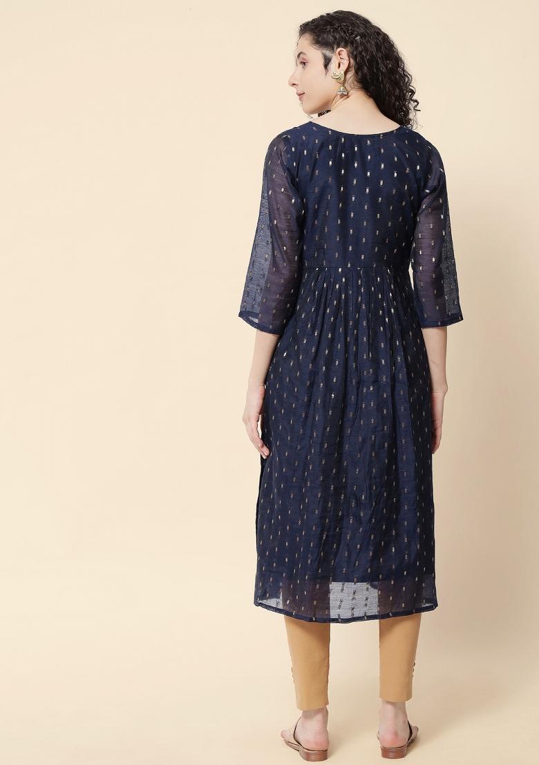 Navy Blue Embroidery Chanderi Kurta - Indya