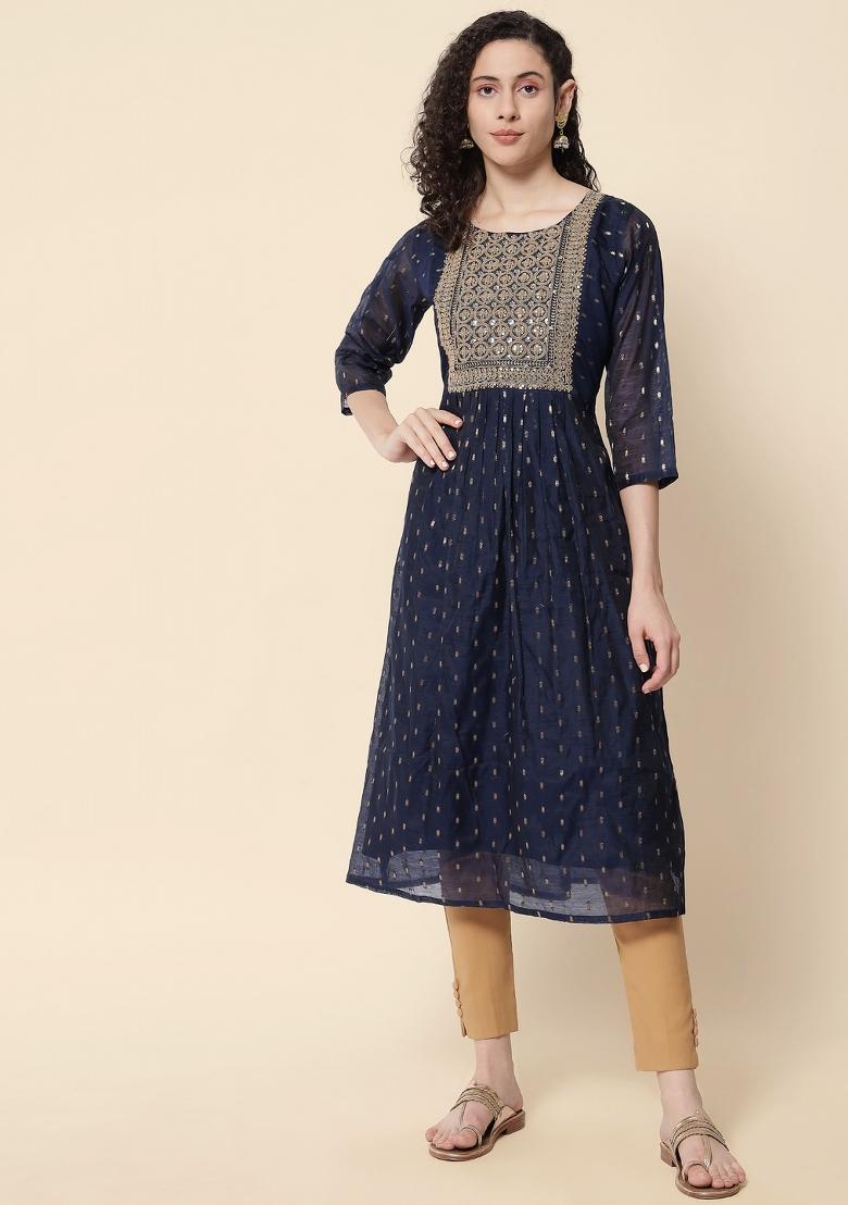 Navy Blue Embroidery Chanderi Kurta - Indya