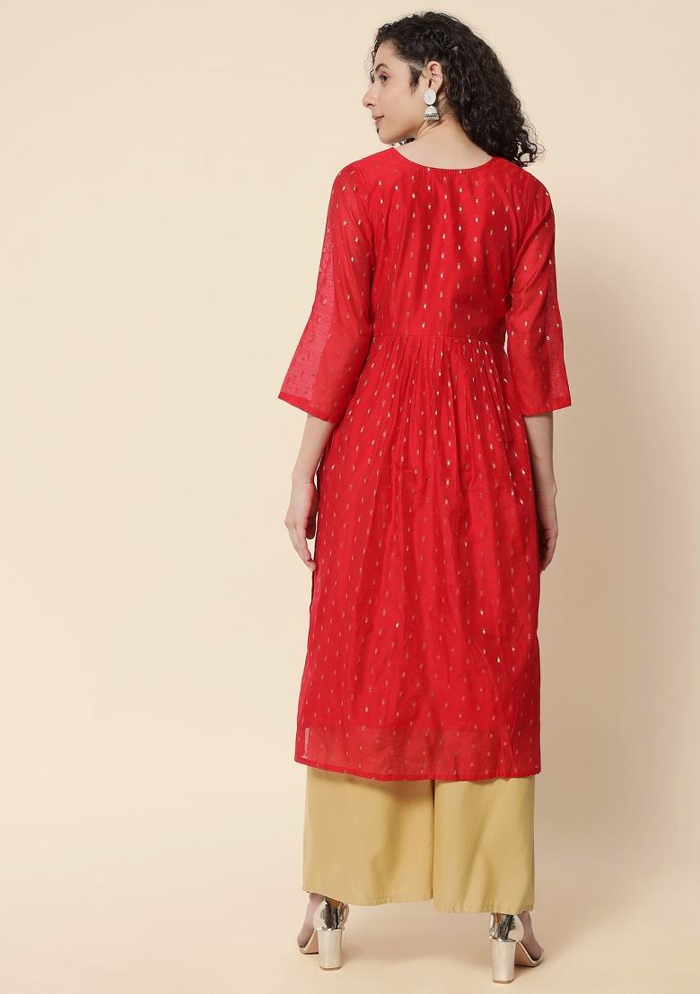 Red Embroidery Chanderi Kurta - Indya