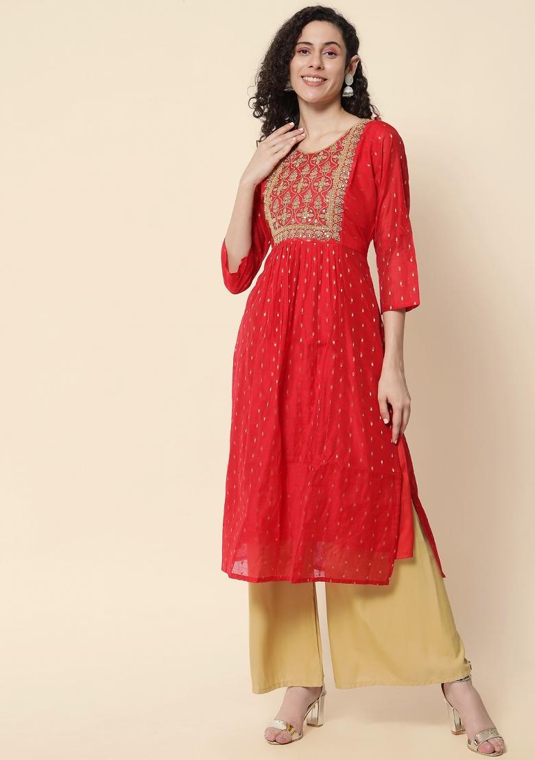 Red Embroidery Chanderi Kurta - Indya