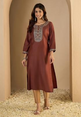 Brown Embroidery Silk Kurta